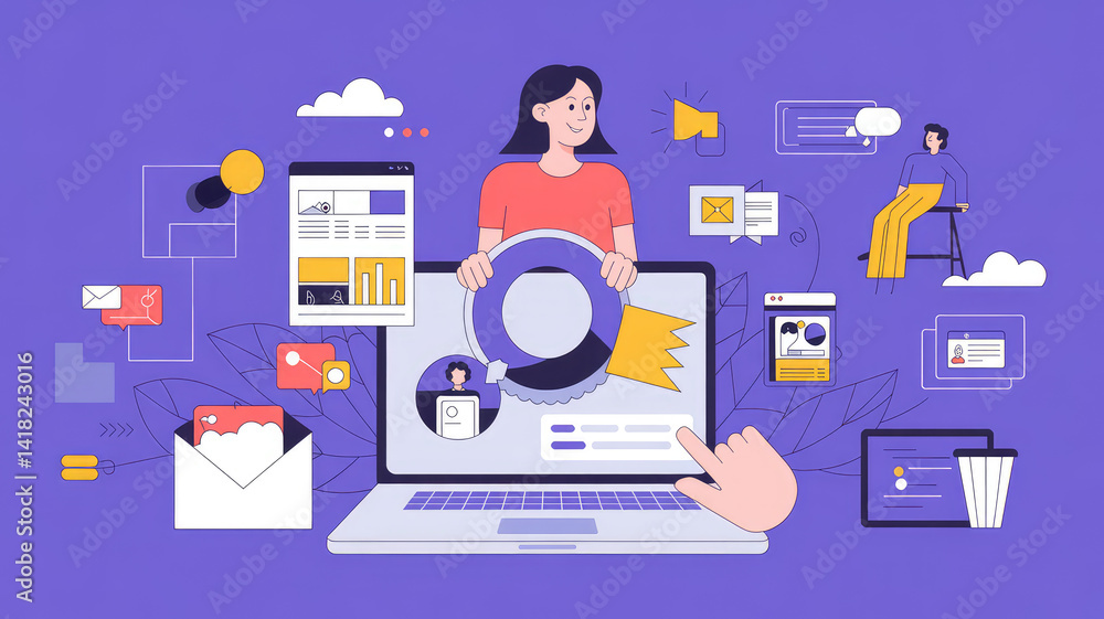 Poster digital data analysis: an illustration of a woman interacting with a laptop interface, showcasing da