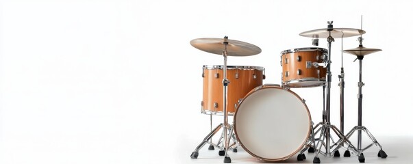 A contemporary drum set with a natural wood finish, featuring a bass drum, toms, cymbals, and chrome hardware, set against a minimalist white background.