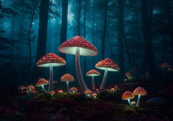 Fototapeta premium Enchanted Forest: Glowing Mushrooms in a Mystical Night