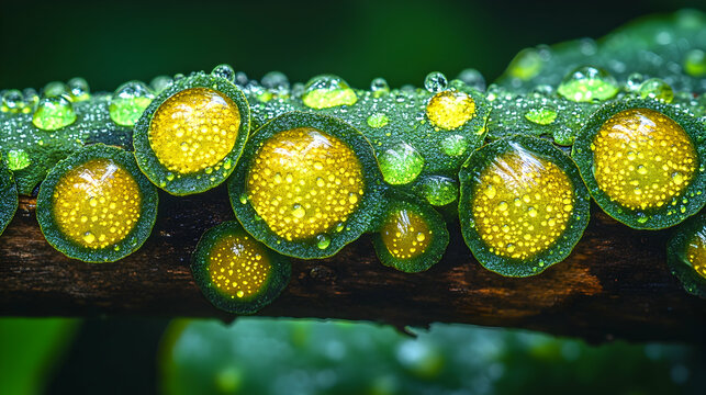 Dew drops adorn leaves on a branch each featuring captivating yellow spots within all set against a background of verd