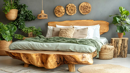 Tranquil bedroom with rustic wooden bed, lush greenery, and natural decor.  Creates a serene and inviting atmosphere.