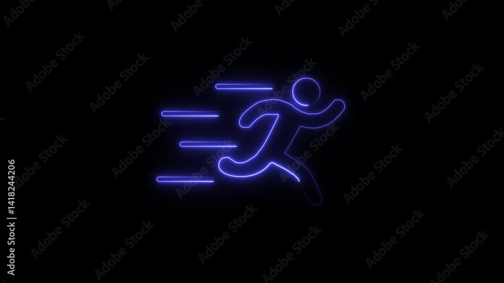 Poster glowing neon line blue color runner sing. running neon sign appear in center and disappear after som