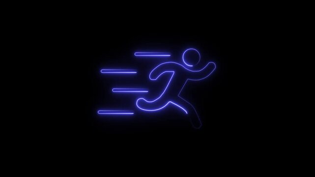 Glowing neon line blue color runner sing. Running neon sign appear in center and disappear after some time background