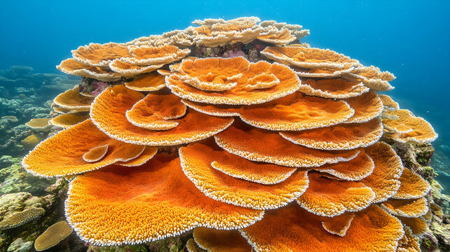 Underwater view of orange coral with white tips layered forming a vibrant textured marine landscape against a blue bac