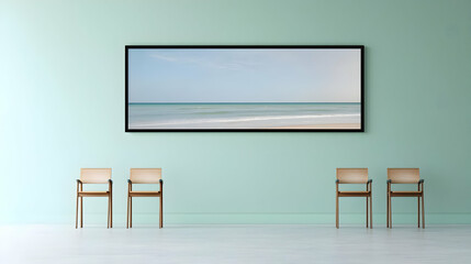 Mint Green Room With Wooden Chairs And Beach Landscape Art