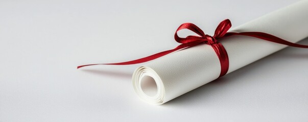 A rolled parchment tied with a red ribbon, elegantly presented on a textured surface, symbolizing achievement or important documents.