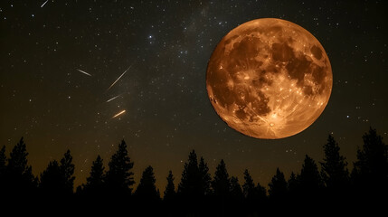 Full orange moon over trees, stars