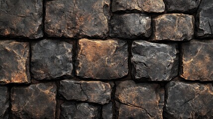 Naklejka premium Dark, aged stone blocks form a textured wall.