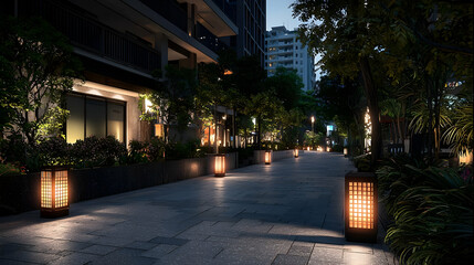 Obraz premium Night Street Scene With Decorative Lamps In Asian City