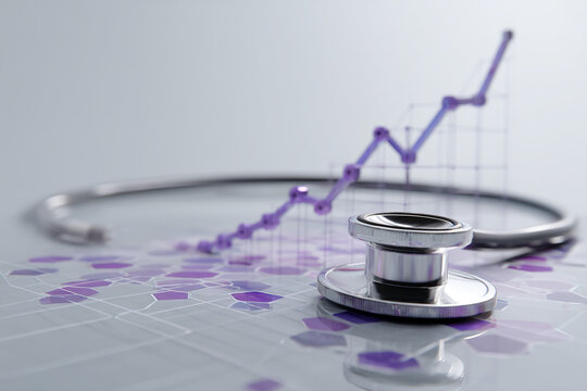 Close-up of stethoscope and upward trending graph, set against a grid background.  Illustrates healthcare growth and success