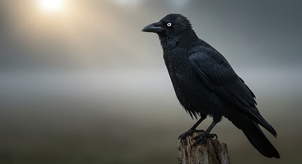 Majestic Raven Perched on Stump, Detailed Bird Portrait, Wildlife Stock Photo, Natural Scene