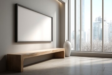 Modern Interior Space with Blank Frame, Bench, and City View