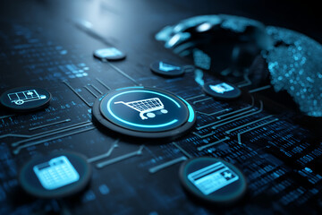 Digital interface showcasing online shopping process,  depicting e-commerce technology and digital transactions, symbolizing modern retail and technological advancement