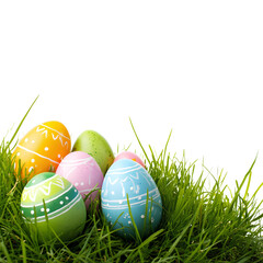 Fototapeta premium Untitled design - Colorful Easter eggs on green grass, isolated on a transparent background