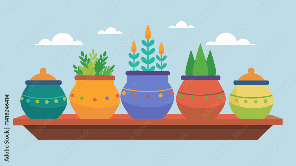 Poster a row of brightly colored pots filled with various herbs and es carefully p on a table to be used fo