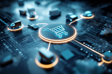 Stylized shopping cart icon on circuit board, showcasing digital commerce and delivery network, symbolizing online shopping, logistics, and technology integration