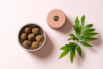 Sustainable grasshopper protein bites in minimalist packaging on a light background