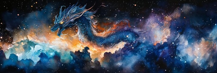 Fototapeta premium Celestial Dragon in Cosmic Nebula - A majestic blue dragon soars through a vibrant nebula, its scales shimmering with starlight. Cosmic dust and swirling colors create a breathtaking backdrop