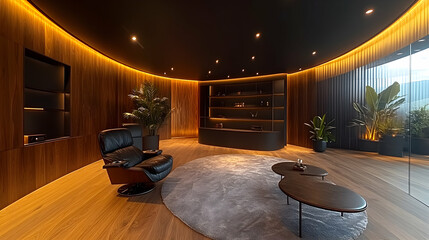 Modern, circular home theater.  Sleek, warm tones