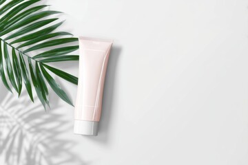 Minimal skincare packaging mockup featuring a cosmetic tube on white background with a green palm leaf accent