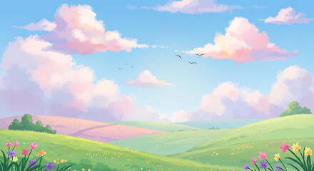 Obraz premium Dreamy Pastel Sky and Field Illustration Serene Nature Background for Social Media