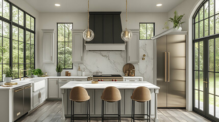 Elegant kitchen features a marble backsplash gray cabinets natural light black accents and brown stools at an island