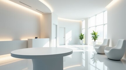 Modern white office lobby with sleek furniture, curved ceiling lights, and large windows, creating a bright and elegant atmosphere