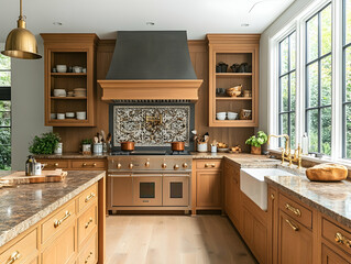 Fototapeta premium Elegant kitchen with wood cabinetry granite countertops a farmhouse sink modern appliances and natural light from lar