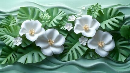 Elegant floral arrangement featuring large white blooms and tropical green leaves against a textured light green backgro