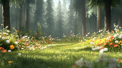 Obraz premium Light shines on wildflowers and tall grasses in a serene forest meadow with dense trees blurred in the background