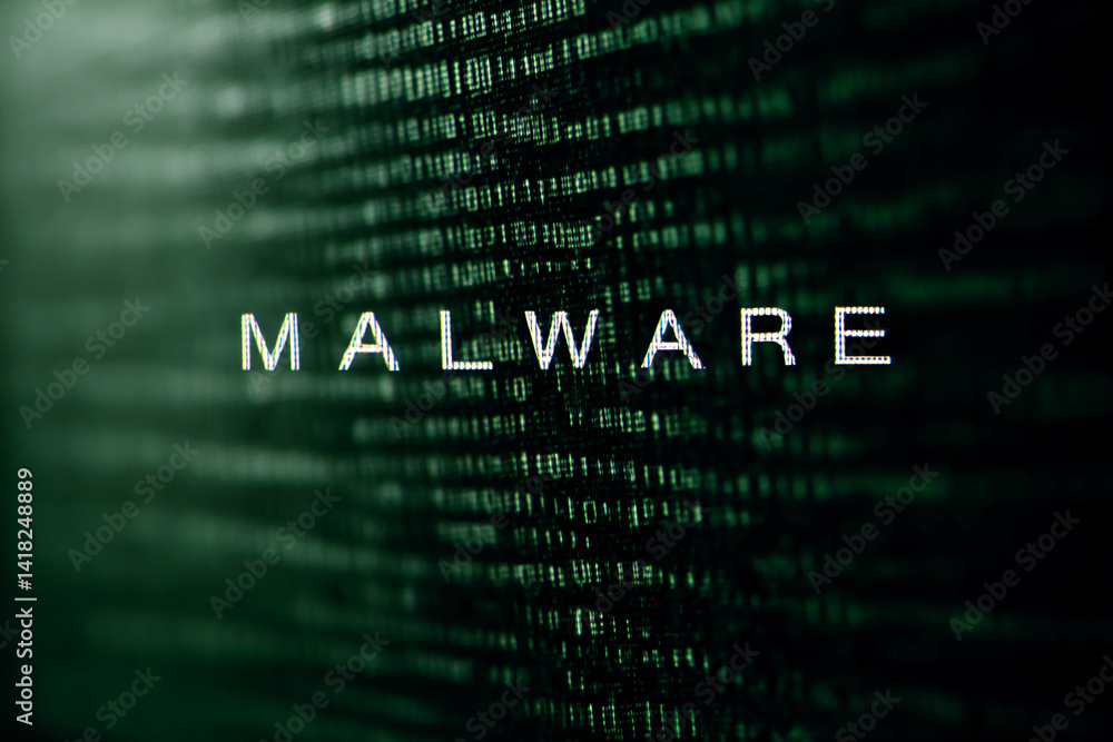 Poster green digital code background with the word malware displayed prominently, symbolizing cybersecurity