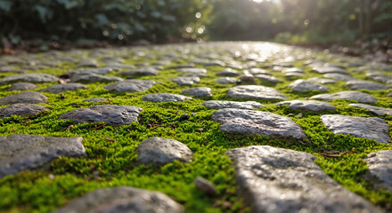 Fototapeta premium Moss-covered cobblestone path illuminated by sunlight 