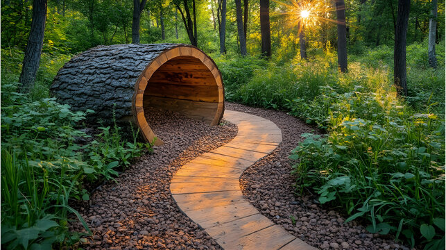 Winding wood plank path leads into a tunnel of hollowed log surrounded by lush greenery lit by a burst of sunlight