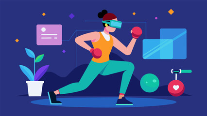 Demonstrations of upcoming VR fitness games including boxing dance and yoga simulations.. Vector illustration