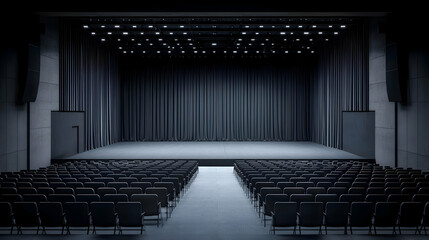 Empty Auditorium With Dark Stage And Rows Of Black Seats