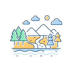 Landscape icon with mountains, river, and trees.