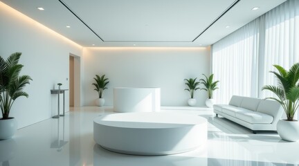 Modern white office lobby with sleek furniture, curved ceiling lights, and large windows, creating a bright and elegant atmosphere