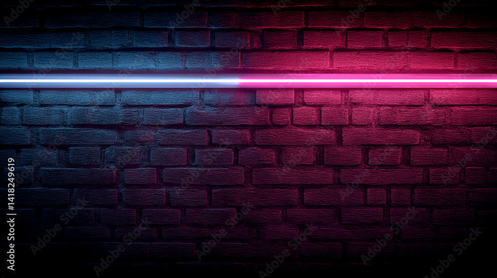 Poster brick wall background with blue and pink neon lights, creating a vibrant and modern atmosphere, idea