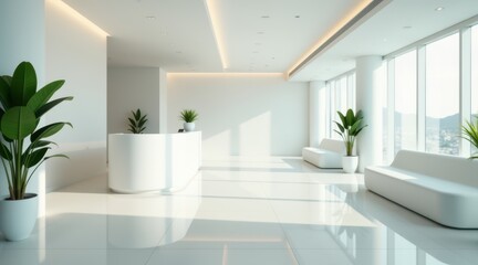 Modern white office lobby with sleek furniture, curved ceiling lights, and large windows, creating a bright and elegant atmosphere
