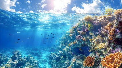 Naklejka premium Half and half image of ocean with coral reef and blue sky filled with fishes sun ray and clouds