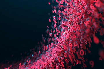 Abstract image of red numbers floating in dark space, creating dynamic and energetic visual, symbolizing data flow, digital information or technology