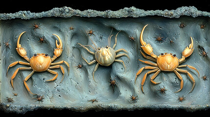 Image of Three crabs and tiny arachnids inhabit a textured grey stony surface Two crabs are golden in color printed on Printed Glass Basin Splashbacks