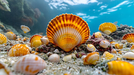 Underwater scene with a variety of seashells scattered on the sandy seabed illuminated by sunlight filtering through th