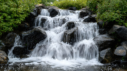 Fototapeta premium Small Waterfall Cascading Over Rocks In Lush Garden