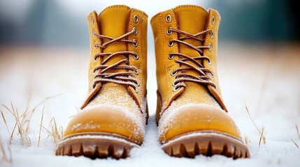 Frosty yellow boots in snowy field, winter footwear