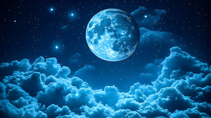 Ethereal blue moon shines above fluffy clouds under a starry night sky casting a serene and magical glow