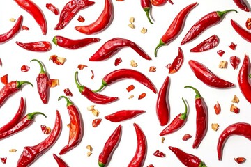 Red Chili Peppers Pattern on White, Spice , Hot Food