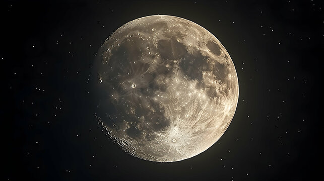 Detailed shot of a moon with visible craters set against a star filled background
