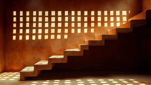 Sunlit staircase in a minimalist, earthy-toned building.  Geometric shadows create a compelling design element.
