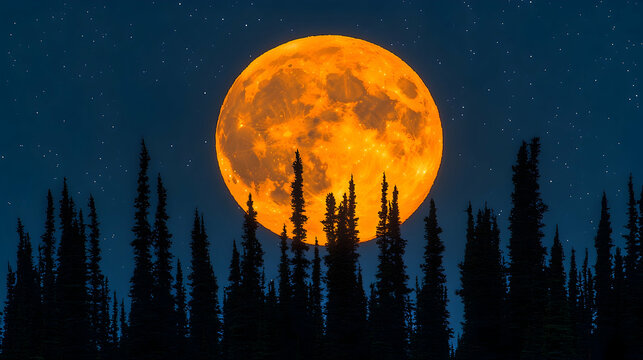 Orange moon over dark pines